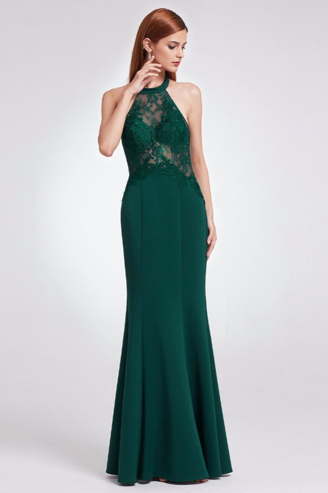 Elegant Green Halter Lace Evening Gowns Mermaid Sleeveless Plus Size Prom Dress 4419