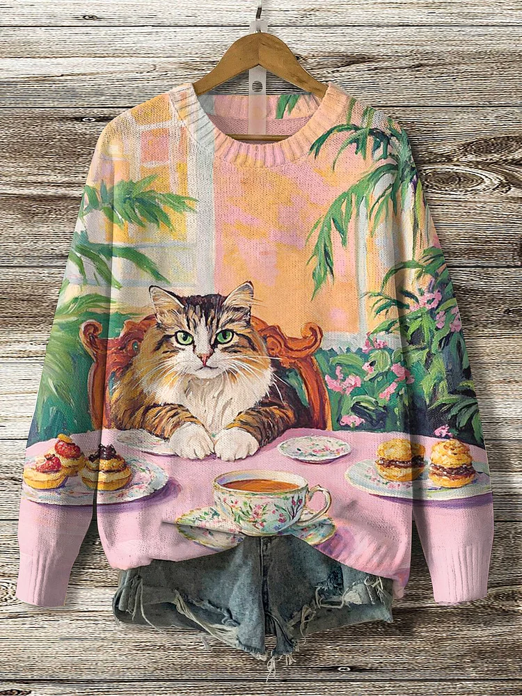 Women's Cat Afternoon Tea Time Botanical Oil Painting Print Knit Sweatshirt
