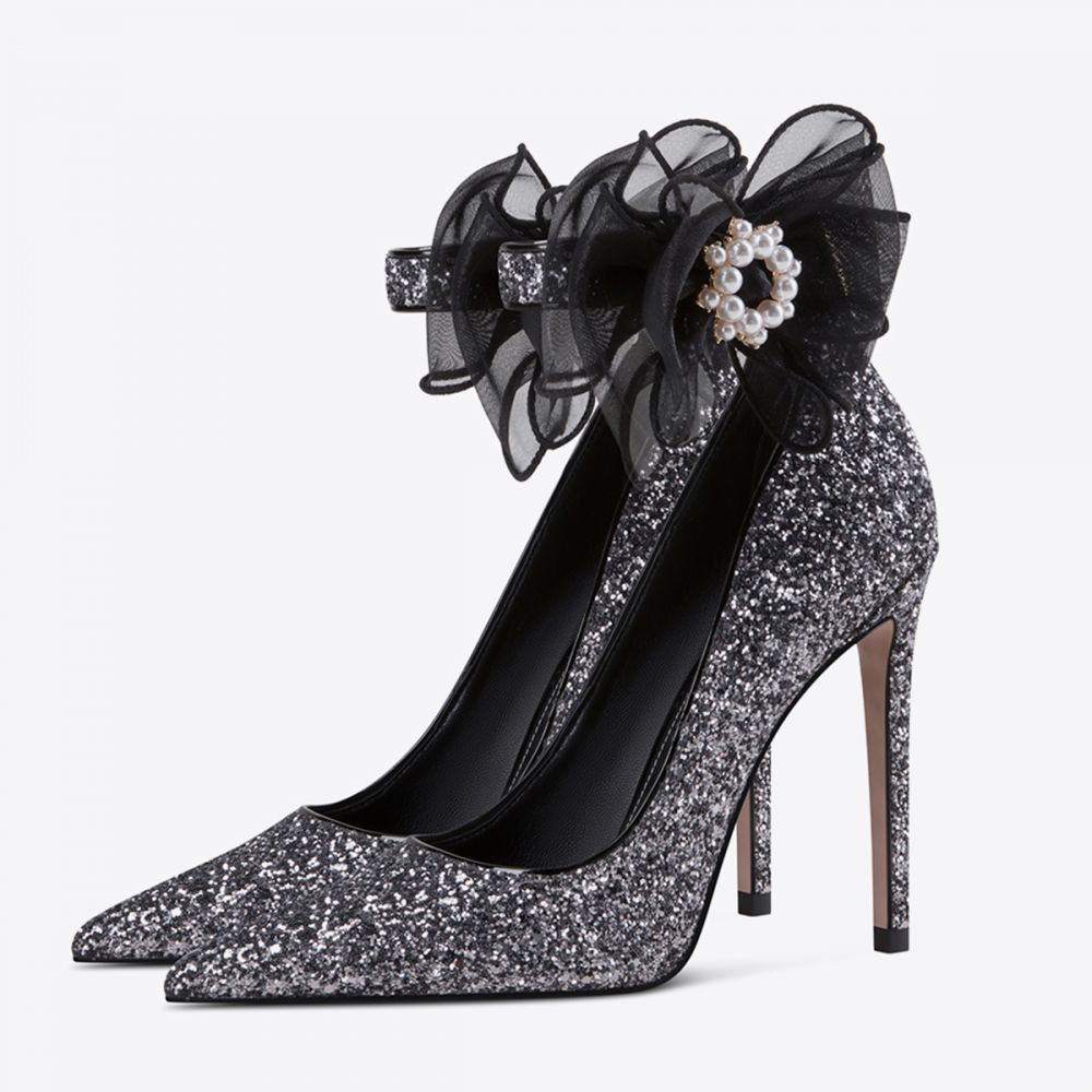 Grey Glitter Pointed Toe Ankle Strap Prom Heels with Tulle Bow Nicepairs