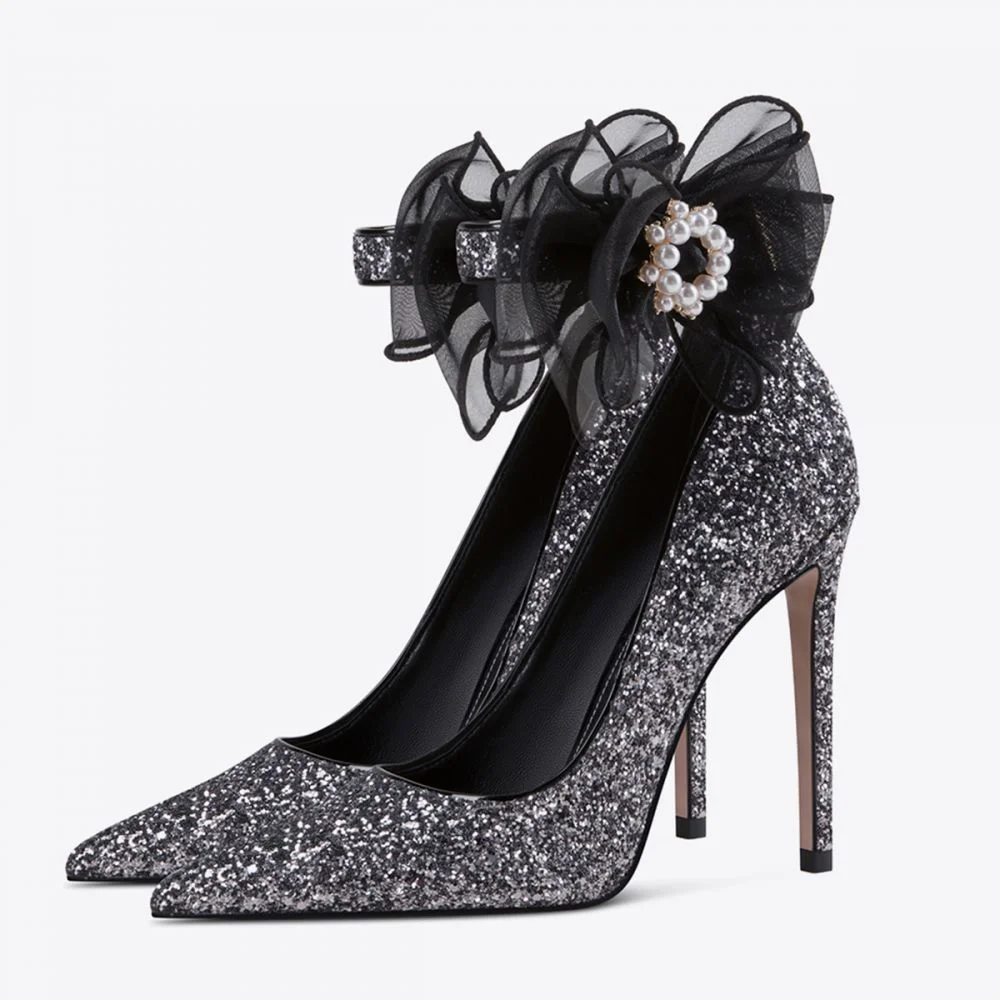 Gray Heels For Prom Glitter Pumps Ankle Strap Heels With Bow Nicepairs
