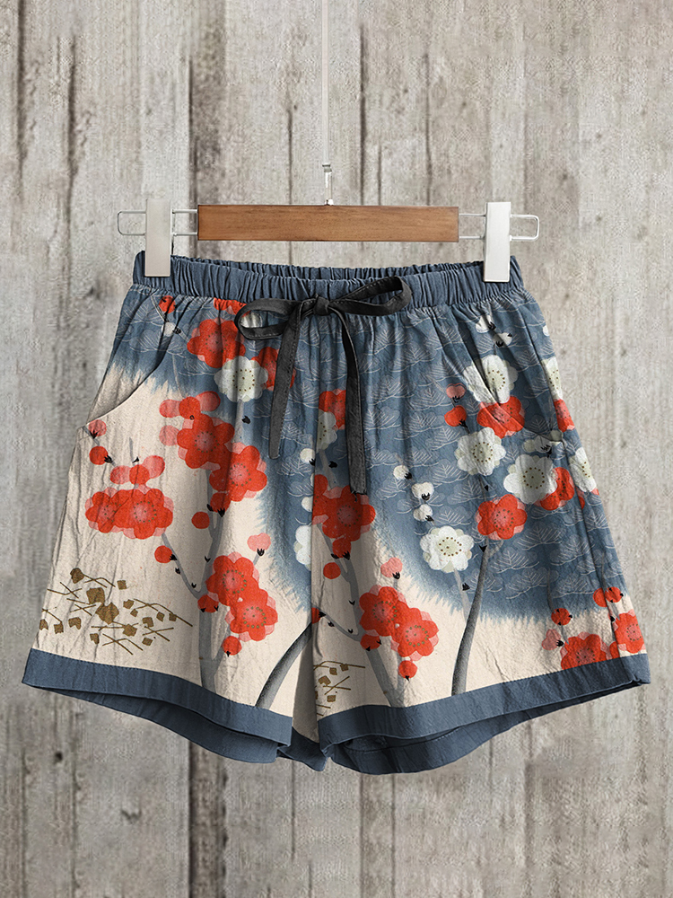 Comstylish Japanese Art Sakura Print Casual Shorts