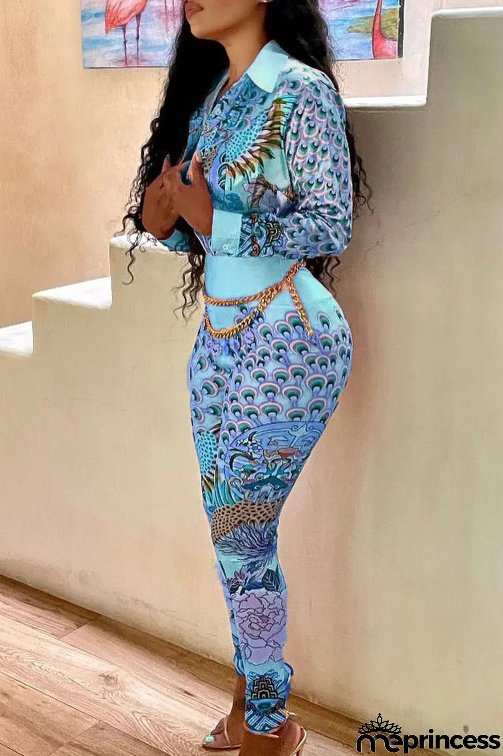 Purple Casual Print Split Joint Buckle Turndown Collar Long Sleeve Two Pieces(Without Belt)