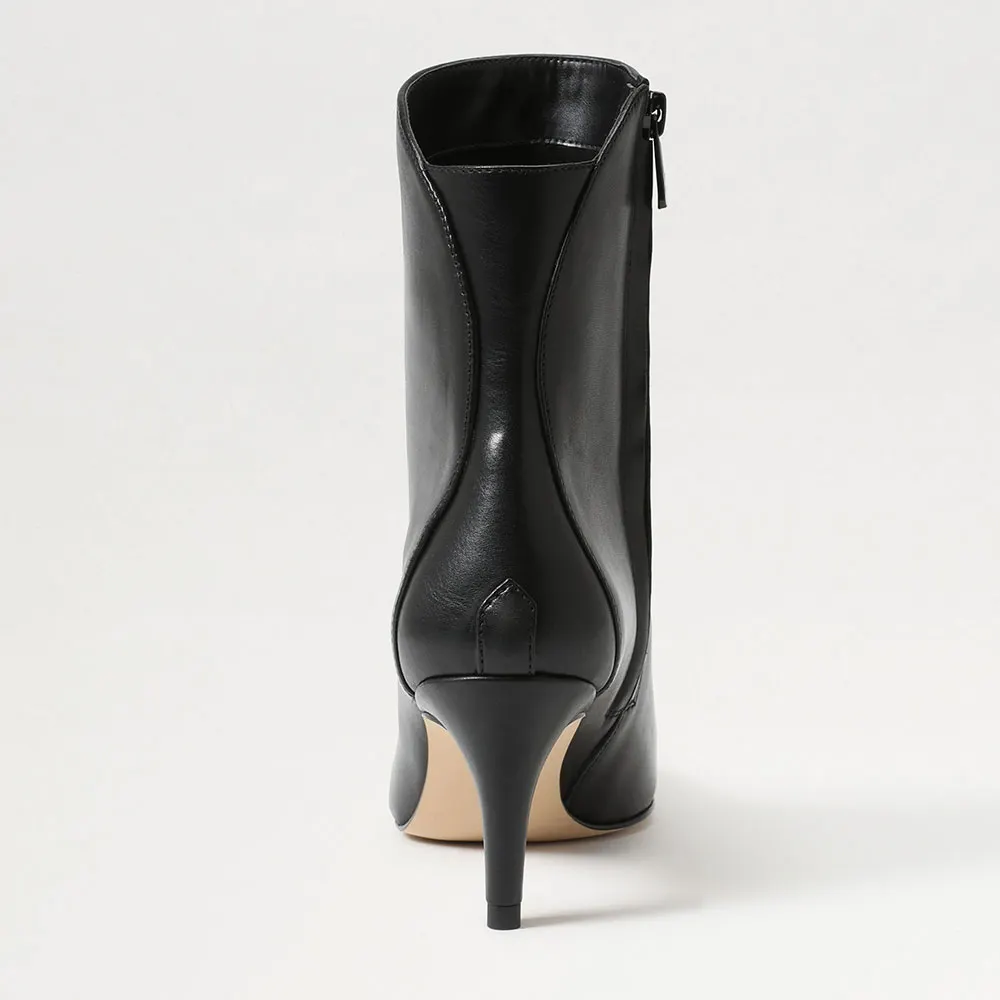 Faux Leather Pointed Toe Black Heel Booties with Side Zipper