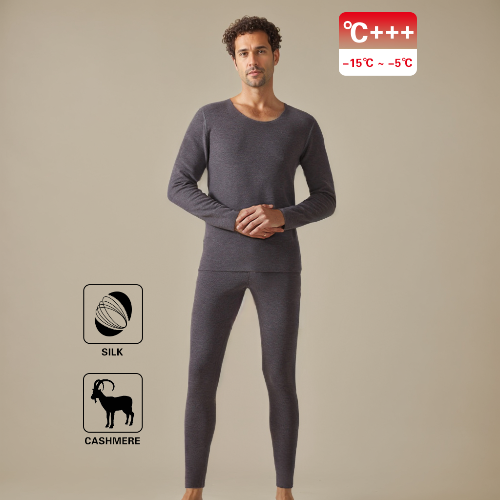 350g Men's Cashmere Silk Thermal Underwear Set Round Neck REAL SILK LIFE