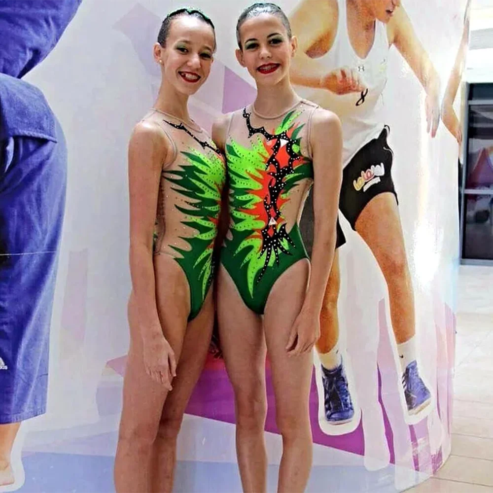 VCSHOES Girls Synchronized Swimming Suits Green Women Performance Rhythmic Gymnastics Dress Ballet Ice Skating Dance Leotards