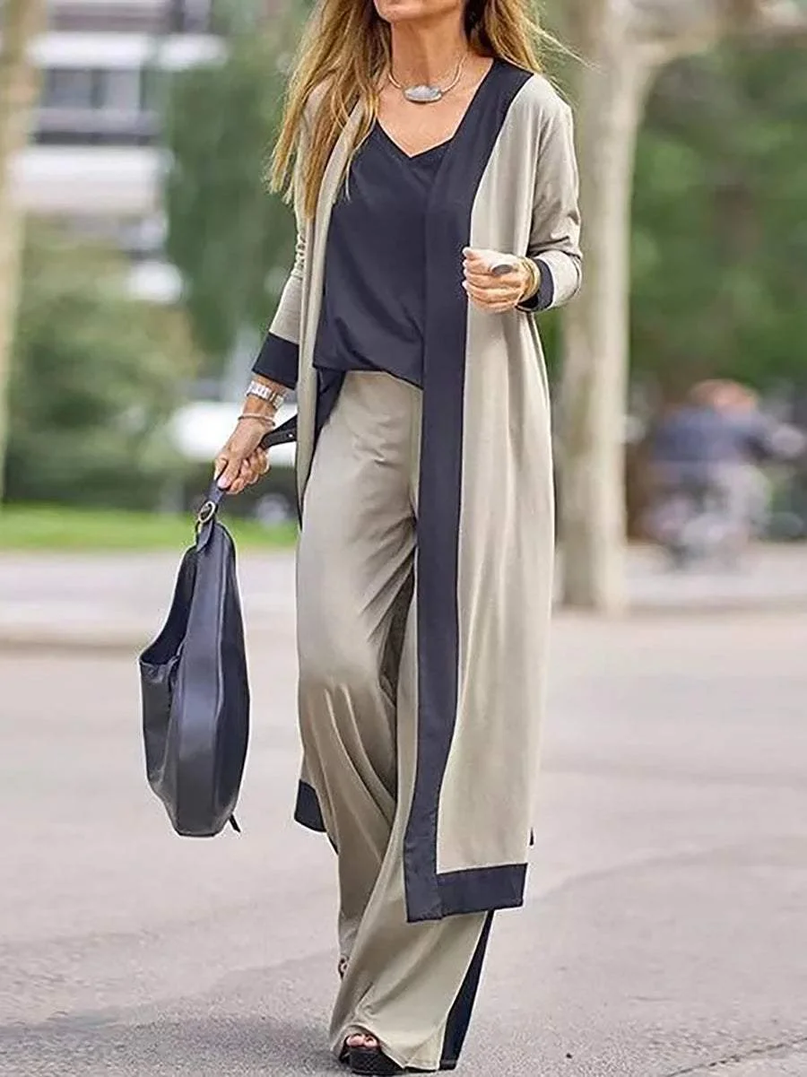 Women Autumn Casual 3-Piece Set Color Contrast Kimono Camis&Pants Suit