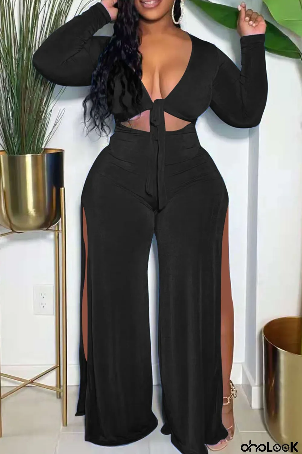 Black Sexy Solid Bandage Hollowed Out Split Joint Slit V Neck Regular Jumpsuits