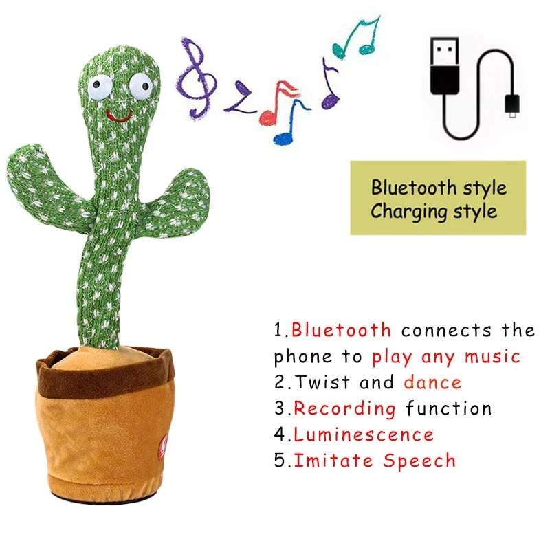 Bluetooth Dancing Cactus Talking Toy Electronic Plush Toys Sing Record Lighten Battery USB Charging Early Education Funny Gift