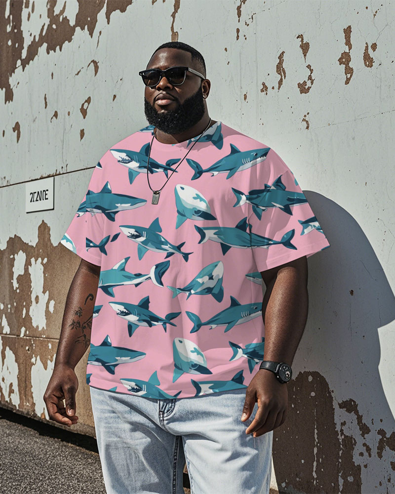 Men's Hawaiian Fashion Cartoon Shark All Over Printed Casual Short Sleeve T-shirts