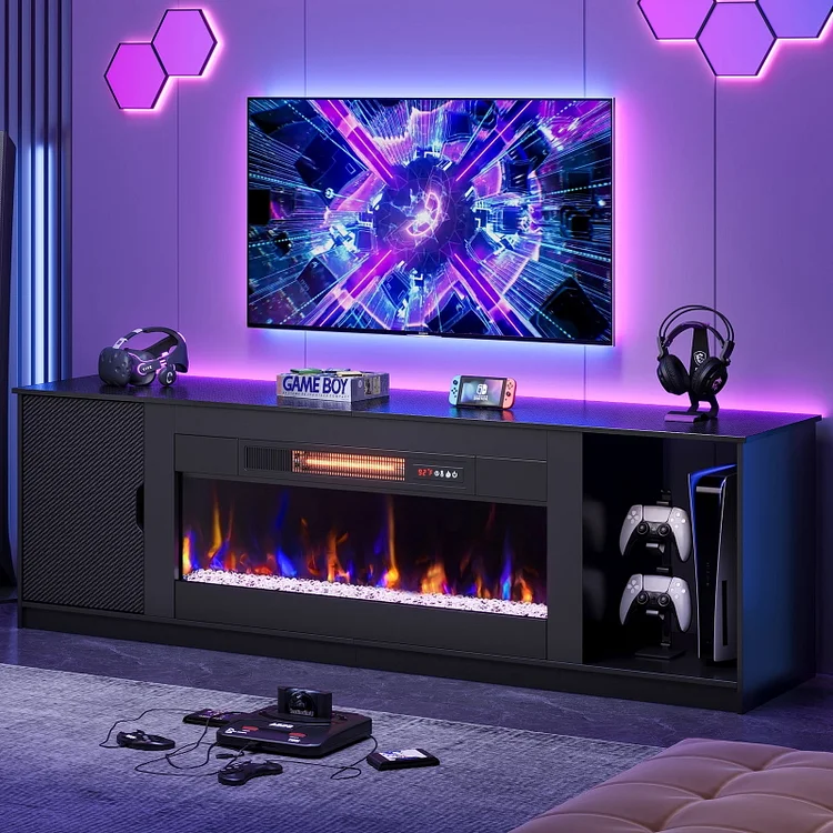 Bestier 70" Modern Fireplace TV Stand for TVs Up to 80" with LED Lights and Storage, PS5 Gaming TV Console for Living Room 