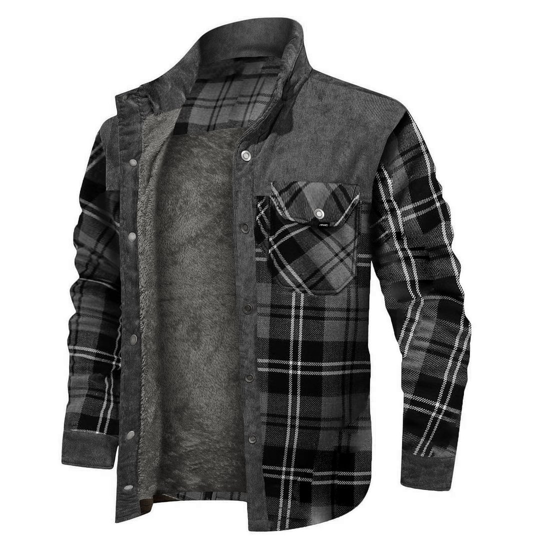 Men's Retro Check Stitching Fleece Warm Shirt Jacket Wanderer Jacket、、URBENIE