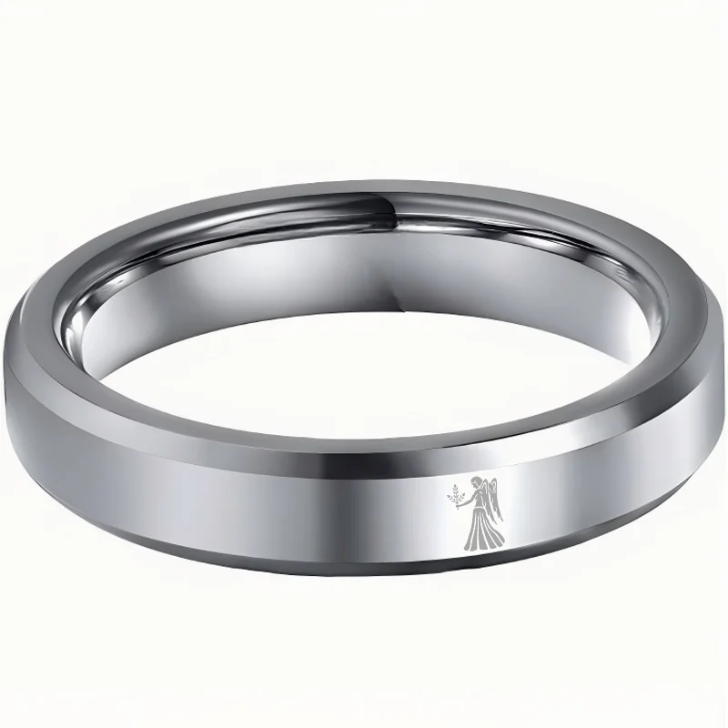 Sliver Virgo Couple Wedding Bands Beveled Edges Sliver Laser Etched Tungsten Carbide Rings 4MM 6MM 8MM