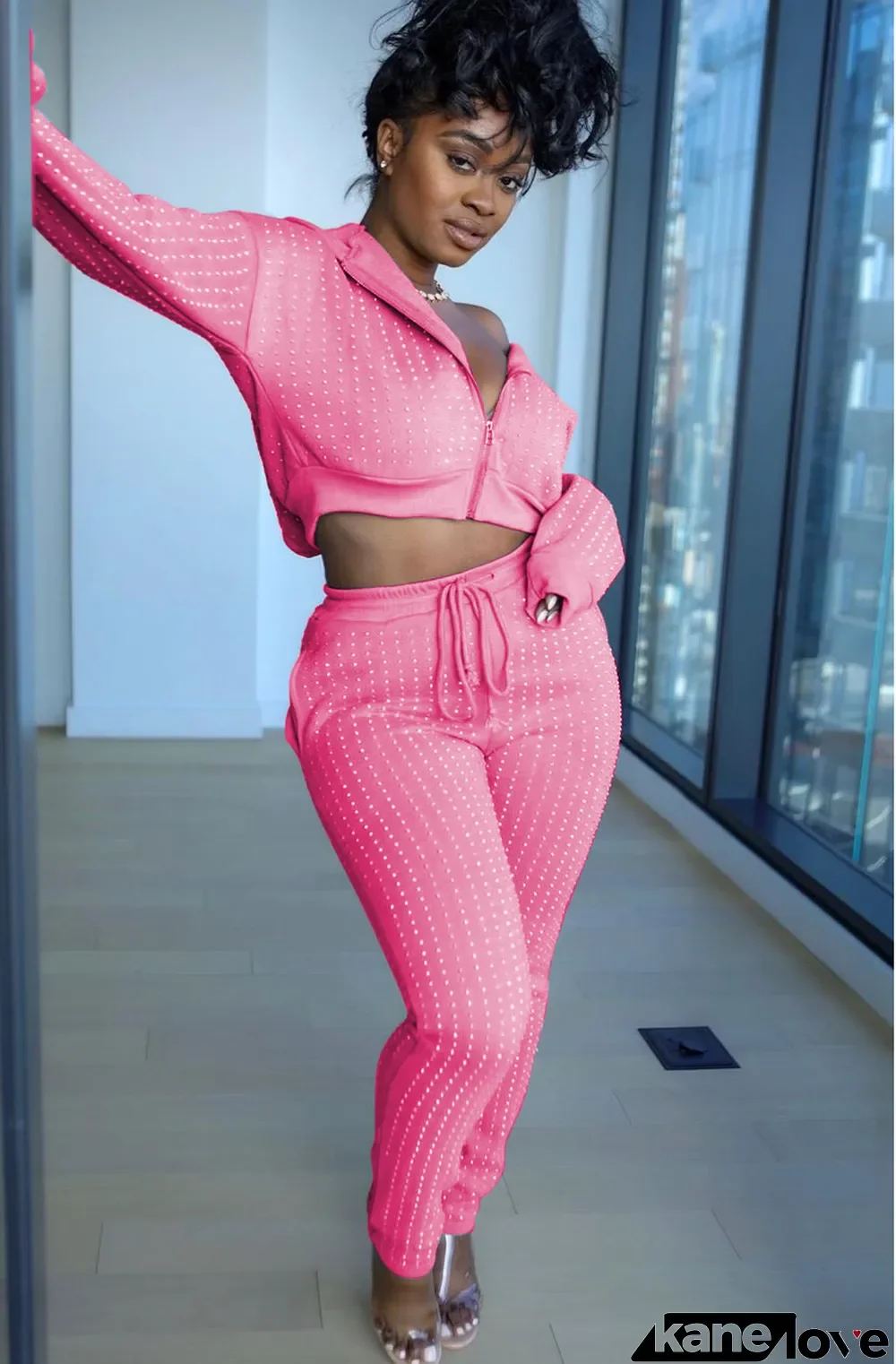 Autumn Beaded Zipper Hoodie Tracksuit