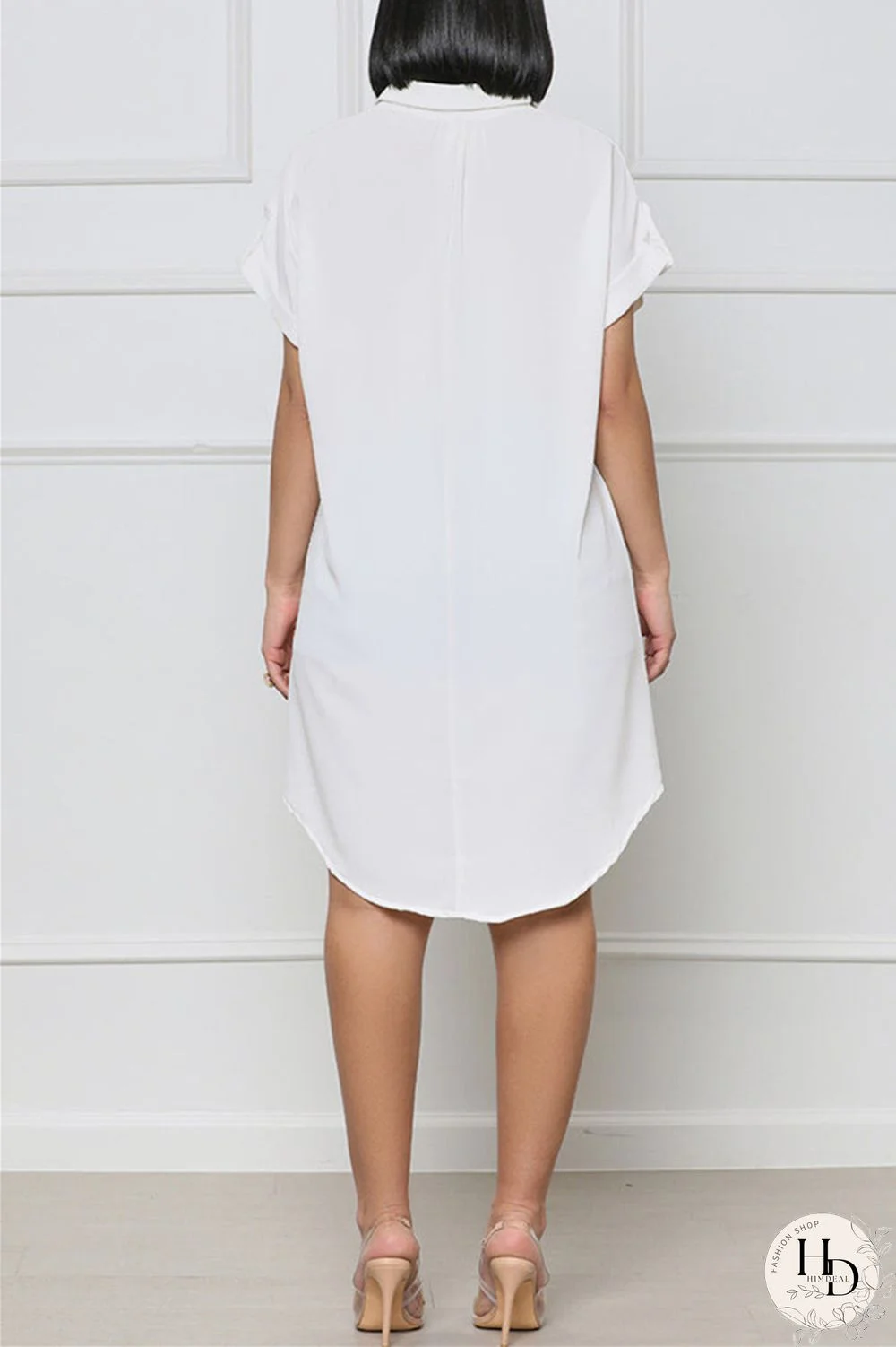 White Fashion Casual Solid Patchwork V Neck Short Sleeve Dress