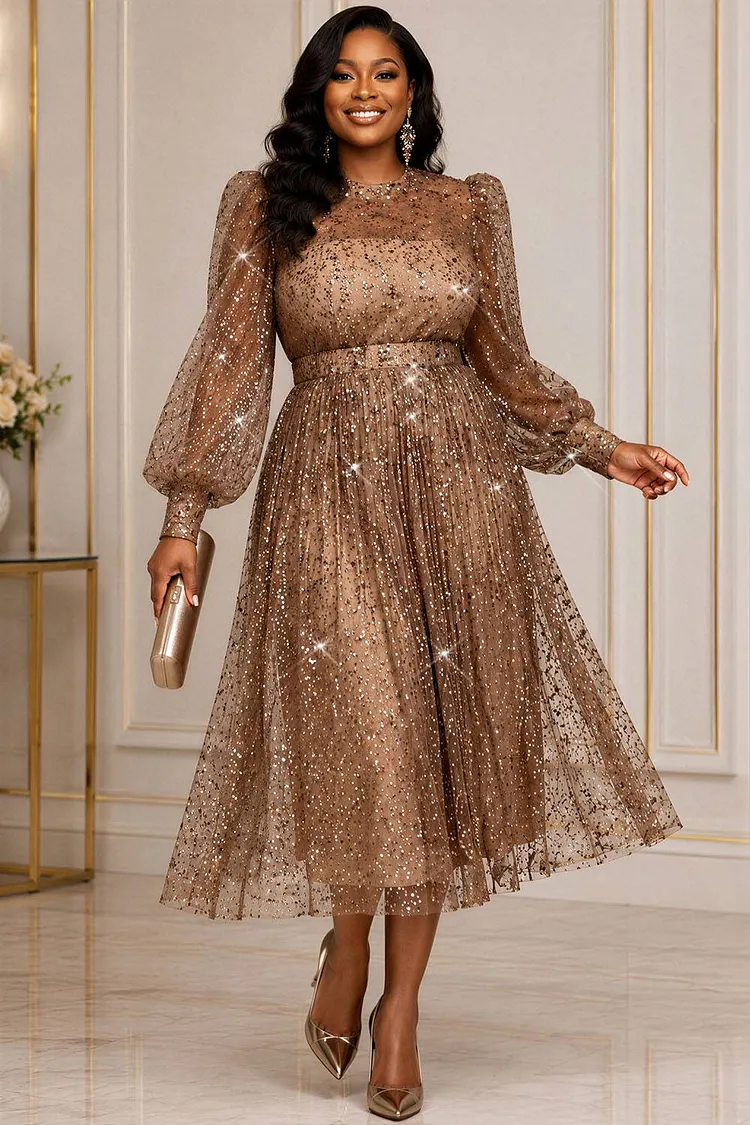 Xpluswear Design Plus Size Cocktail Party Champagne Round Neck Lantern Sleeve Long Sleeve Sequin Midi Dresses [Pre-Order] 2024 - Xpluswear