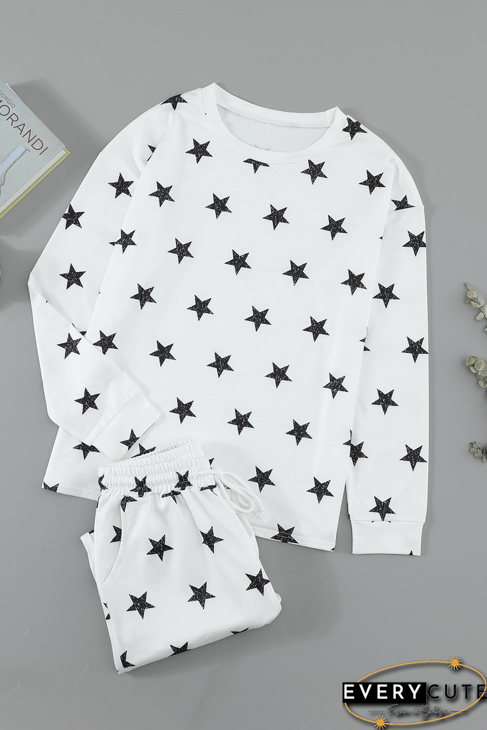 White Crew Neck Star Print Drawstring Loungewear Set with Pocket