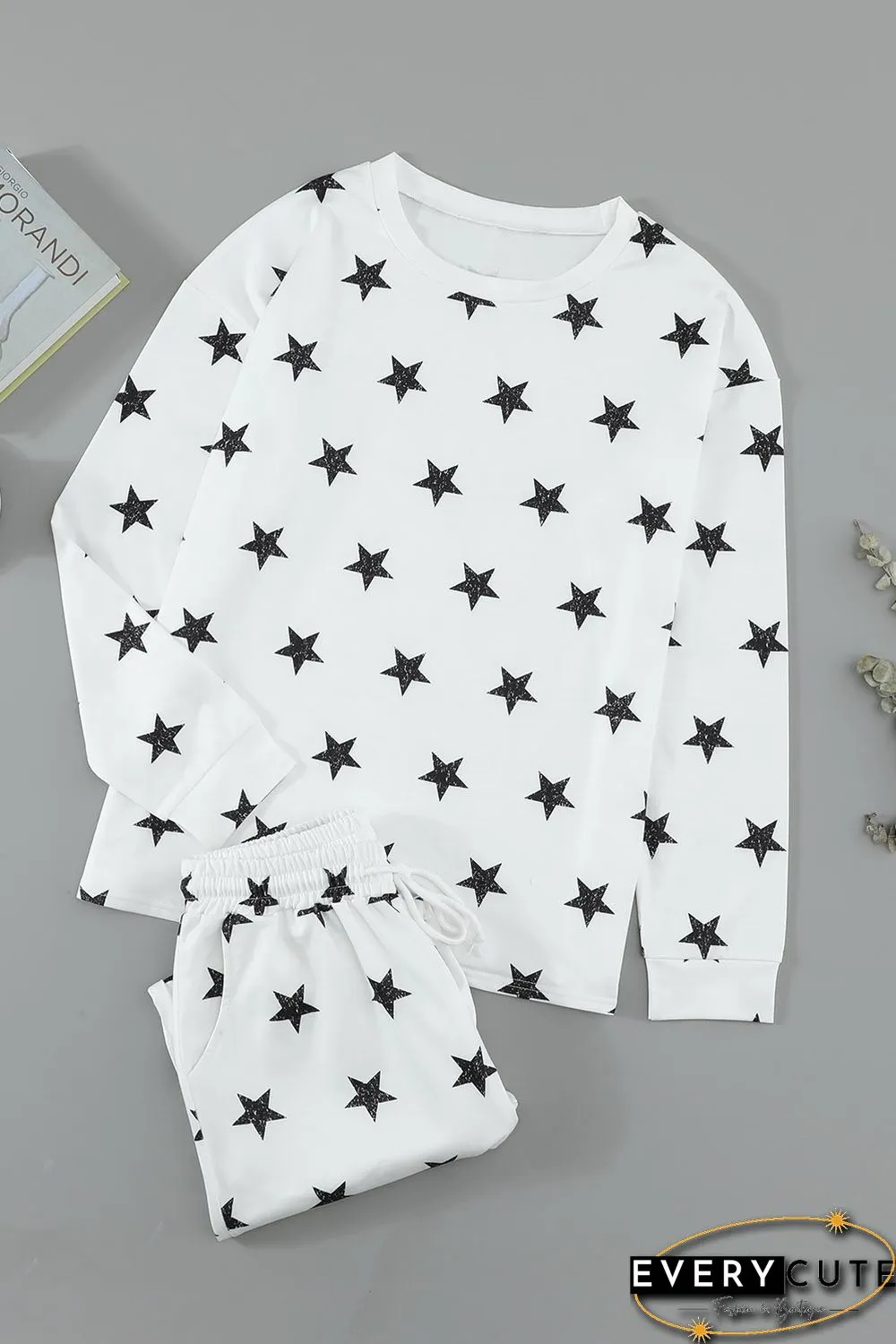 White Crew Neck Star Print Drawstring Loungewear Set with Pocket