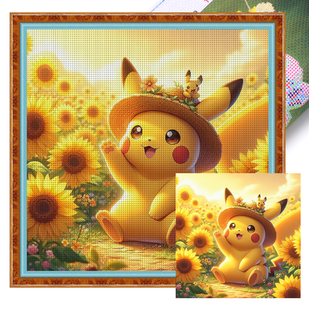 Sunflower Pikachu Full 11CT Pre-stamped Canvas(40*40cm) Cross Stitch