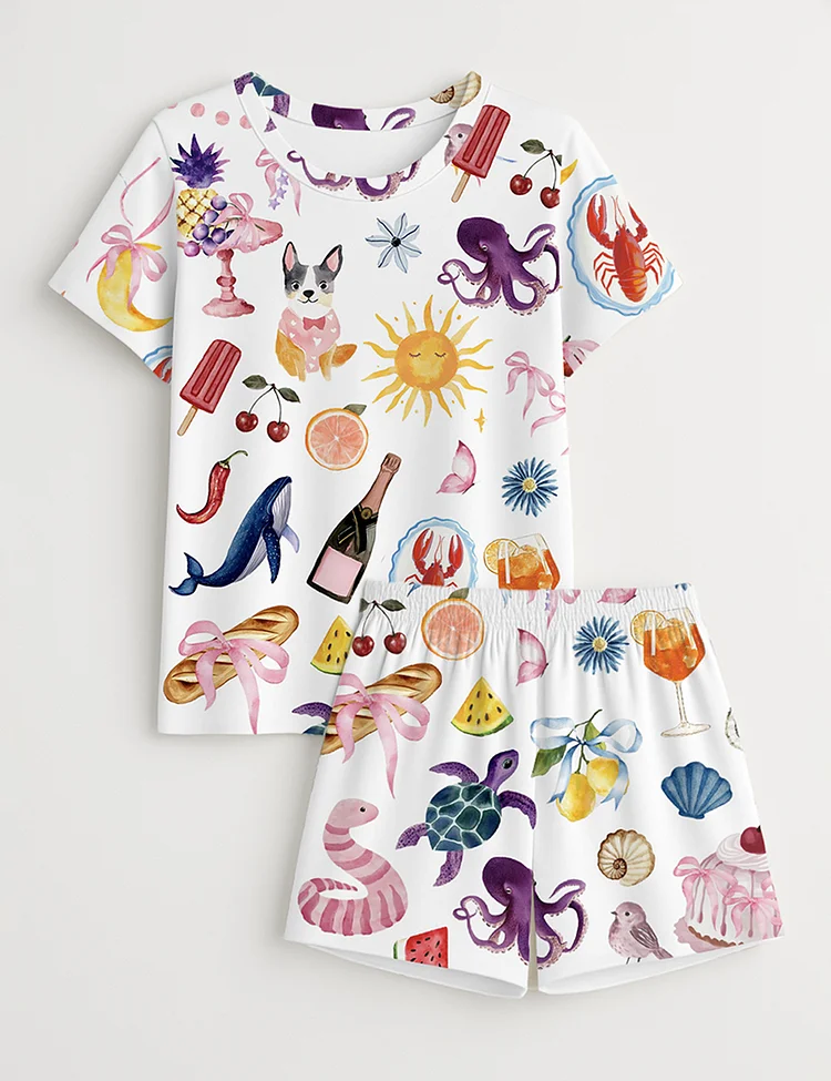 Women&rsquo;s Whimsical Wedding Dolce Vita Wedding Coquette Mediterranean Aperol Beach Travel Corgi Champagne Sea World Short Sleeve Pajama Set