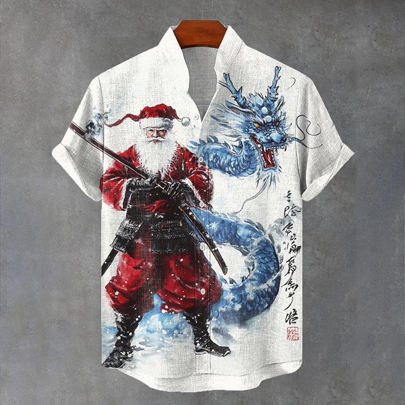 Men's Fighting Dragon And Santa Claus Ink Wash Art Print Short Sleeve Shirt elevenforest