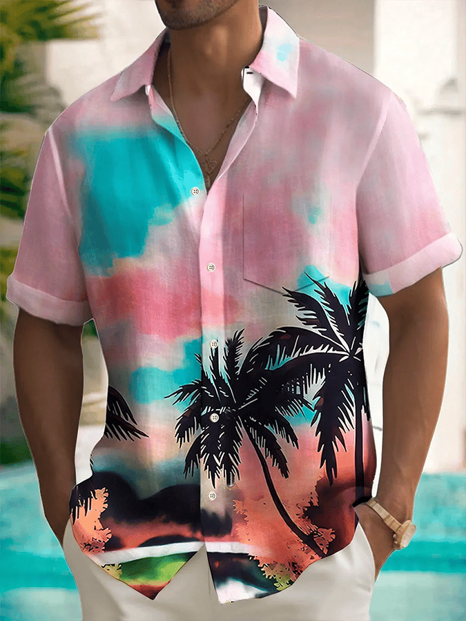 Men's Vintage Hawaiian Totem Print Short Sleeve Pockets Shirt