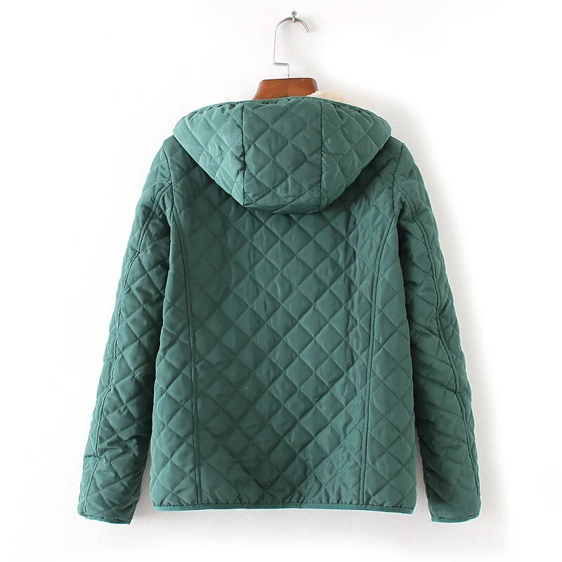 FTLZZ Winter Casual Short Cotton Coats Women Hooded Diamonds Partern Artificial Fleece Inside Outwear Femme Slim Overcoat