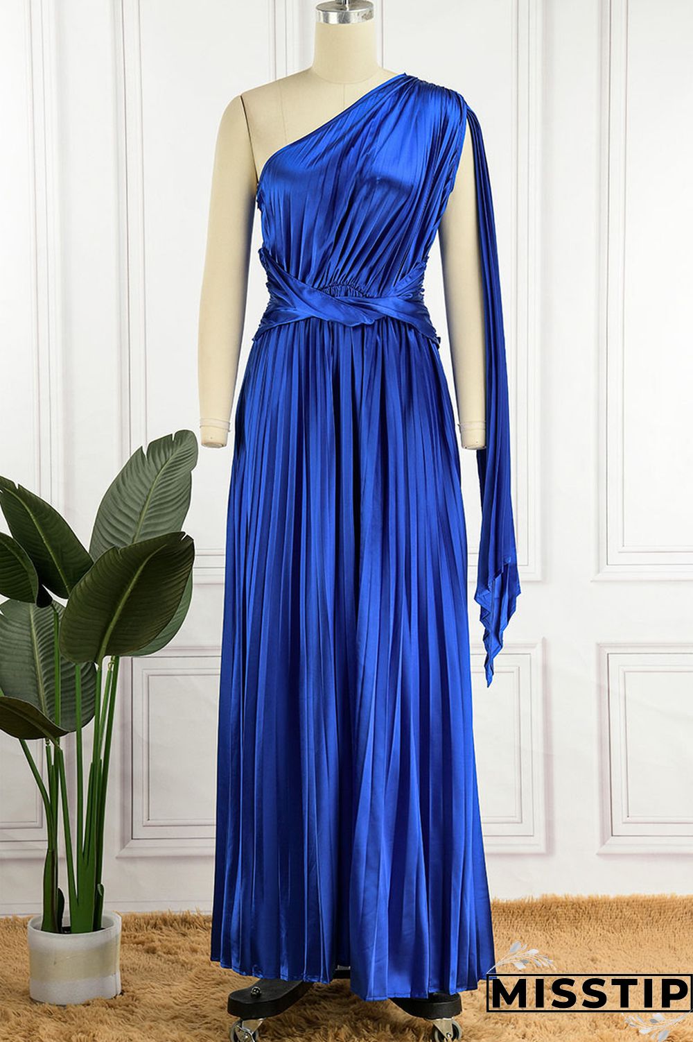Colorful Blue Elegant Solid Patchwork Fold Oblique Collar Straight Dresses
