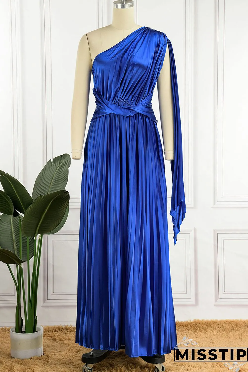 Colorful Blue Elegant Solid Patchwork Fold Oblique Collar Straight Dresses