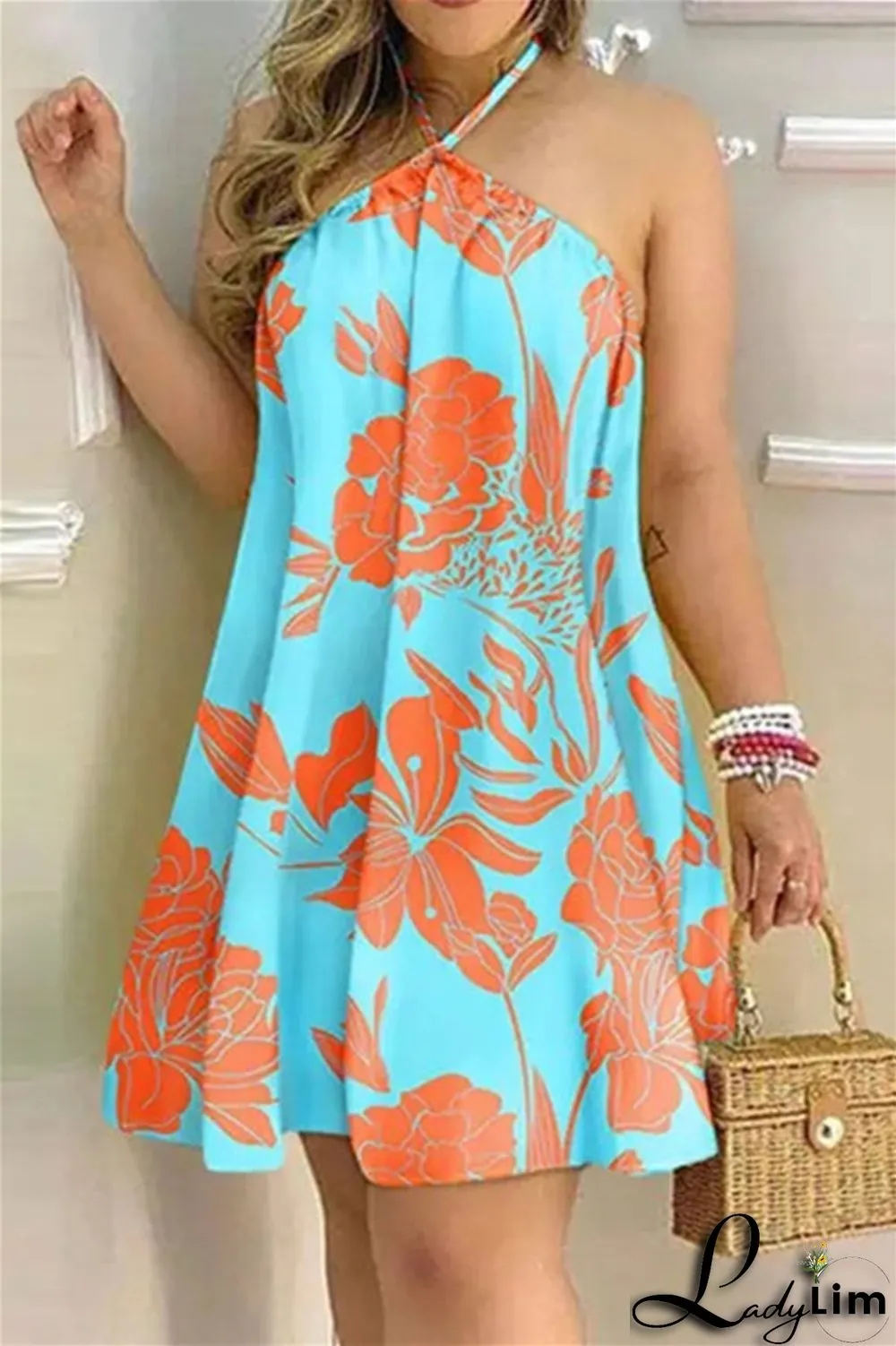 Blue Fashion Casual Print Bandage Backless Halter Sleeveless Dress Dresses