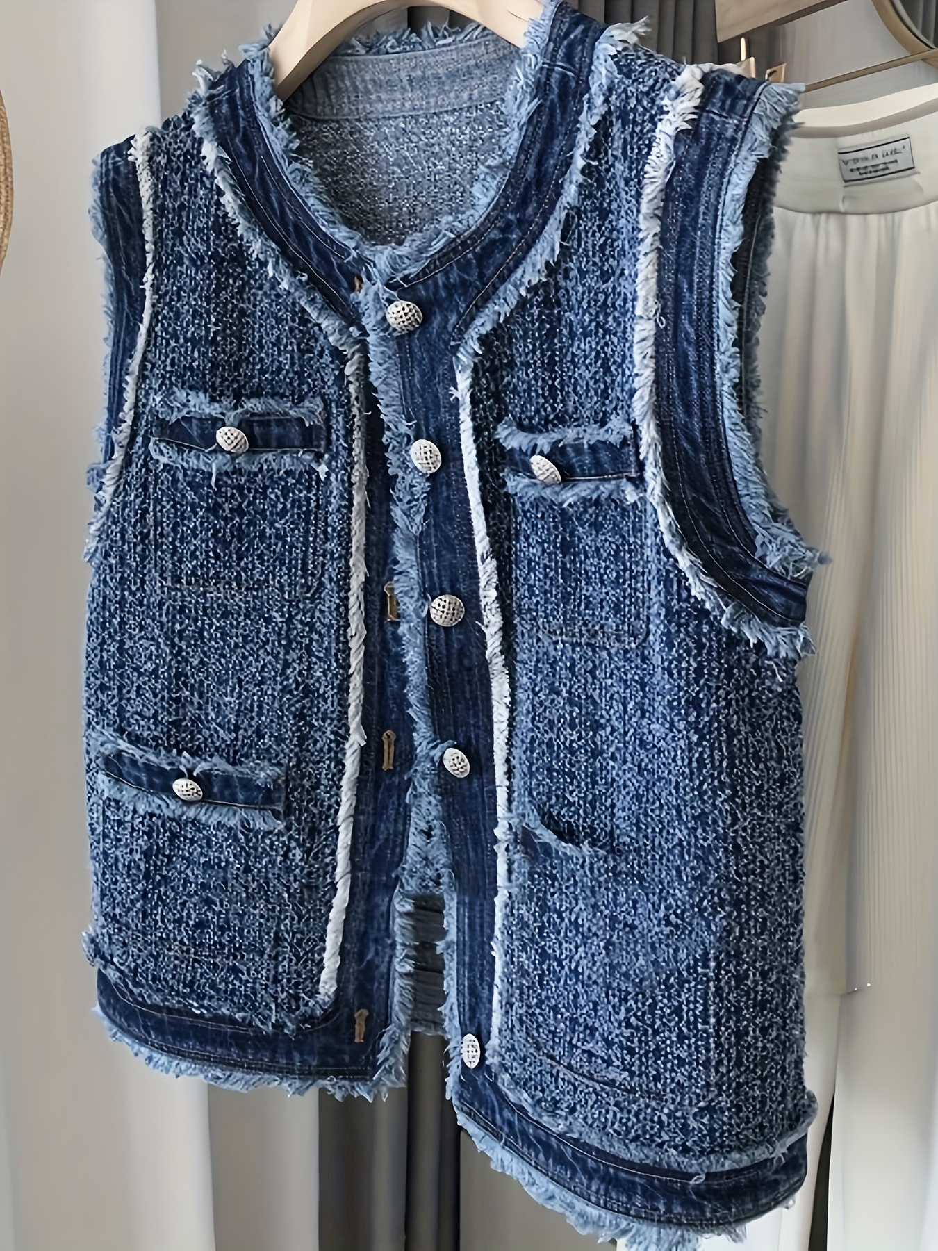 Women's Vintage Denim Vest - Lightweight Sleeveless Jacket with Frayed Hem & Button Closure, Blue Washed Denim Layering Piece for Spring & Fall, Casual Elegant Outerwear (Hand Washable, No-Stretch Fabric), Jeans Jacket for Women Plus Size