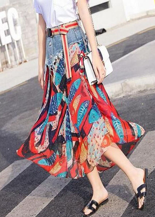 VCSHOES Red Patchwork Print Chiffon Skirt Summer