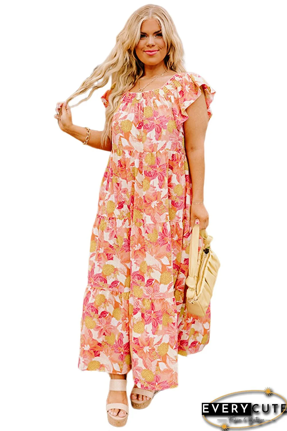 Orange Floral Print Shirred Ruffled Sleeveless Plus Size Dress