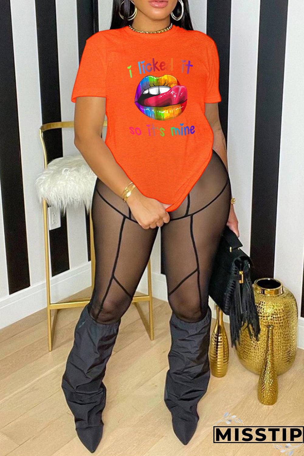 Grey Casual Daily Lips Printed Patchwork O Neck T-Shirts