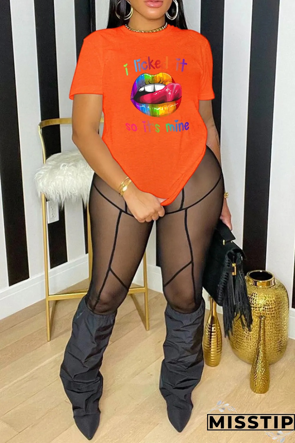 Grey Casual Daily Lips Printed Patchwork O Neck T-Shirts