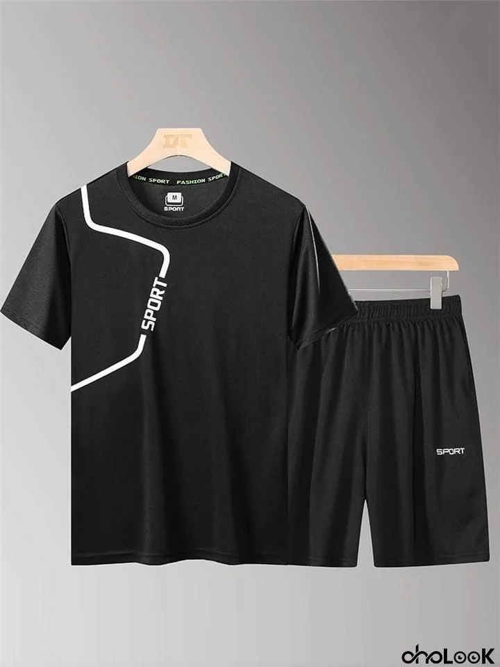 Mens Moisture Wicking Sports Short Sleeve T-Shirts+Shorts