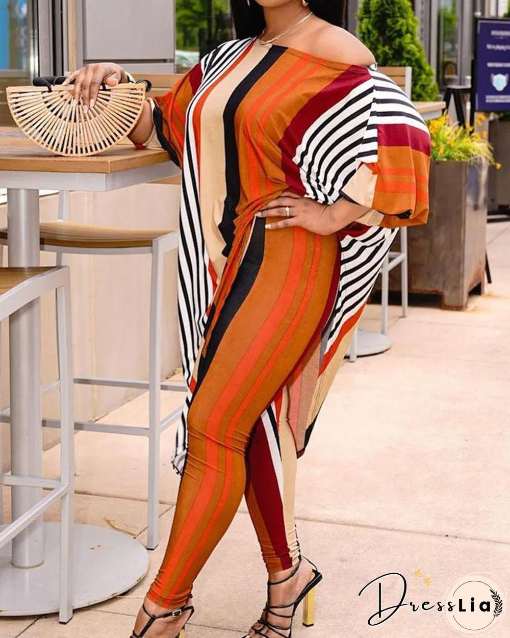 Color Block Striped Long Sleeve Blouse With Pants Suit Sets