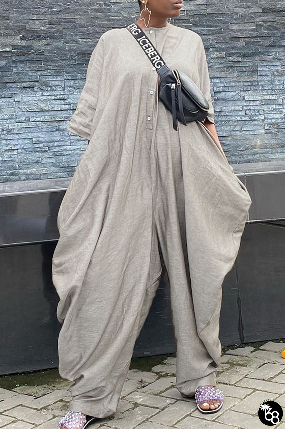 Grey Street Solid Patchwork Buckle O Neck Harlan Jumpsuits | 168DEAL