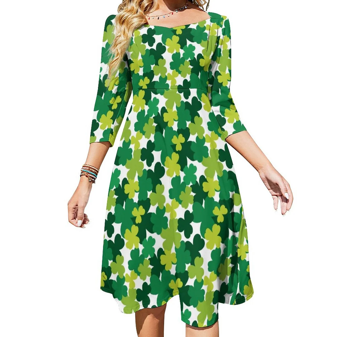 St Patricks Day Shamrock Pattern Dress Sweetheart Tie Back Flared 3/4 Sleeve Midi Dresses