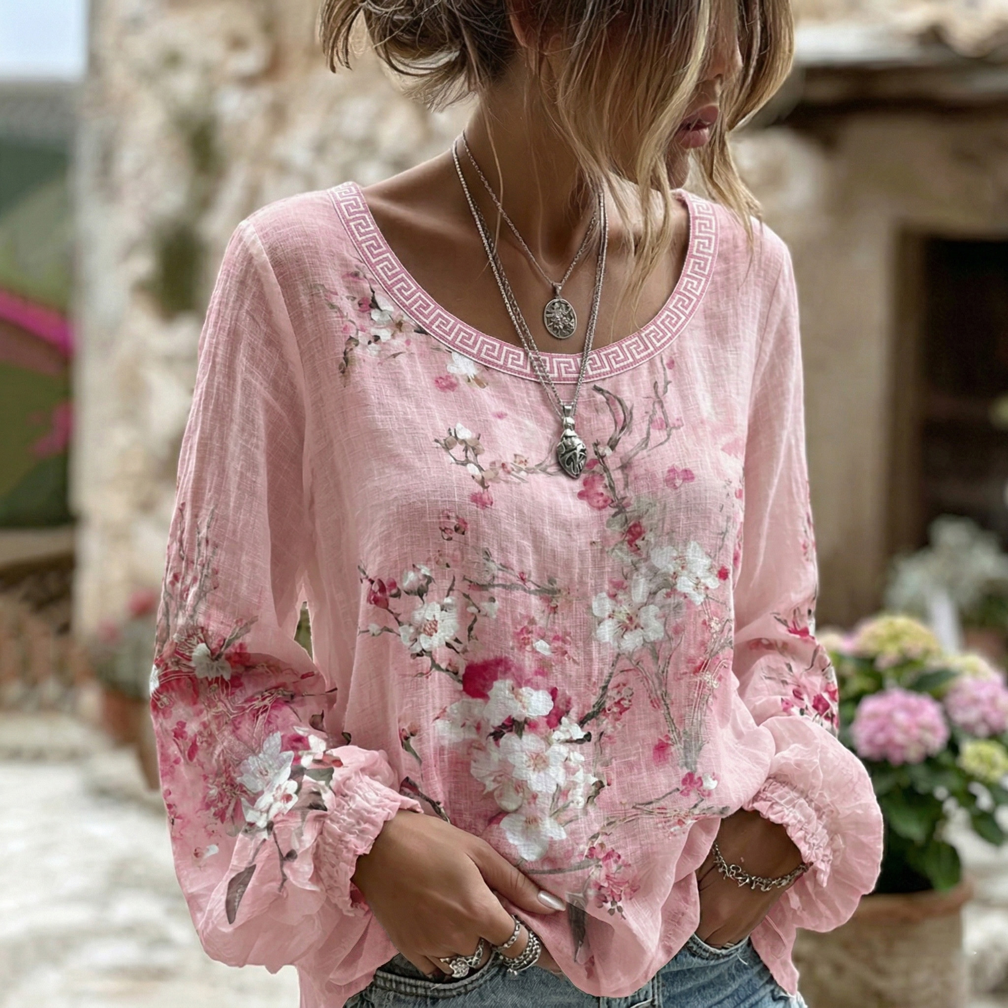 Women's Sakura Art Print Crew Neck Linen Blend T-shirt elevenforest
