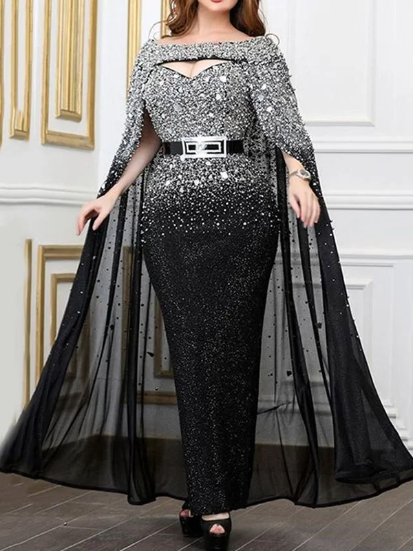 Beaded Decorate Long Sleeve Empire Hollow Belted Shiny Maxi Dress