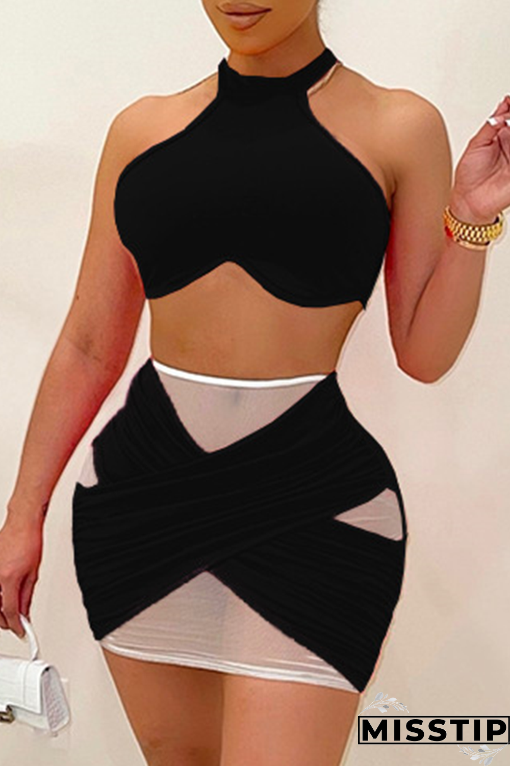 Black Sexy Solid Mesh Halter Sleeveless Two Pieces