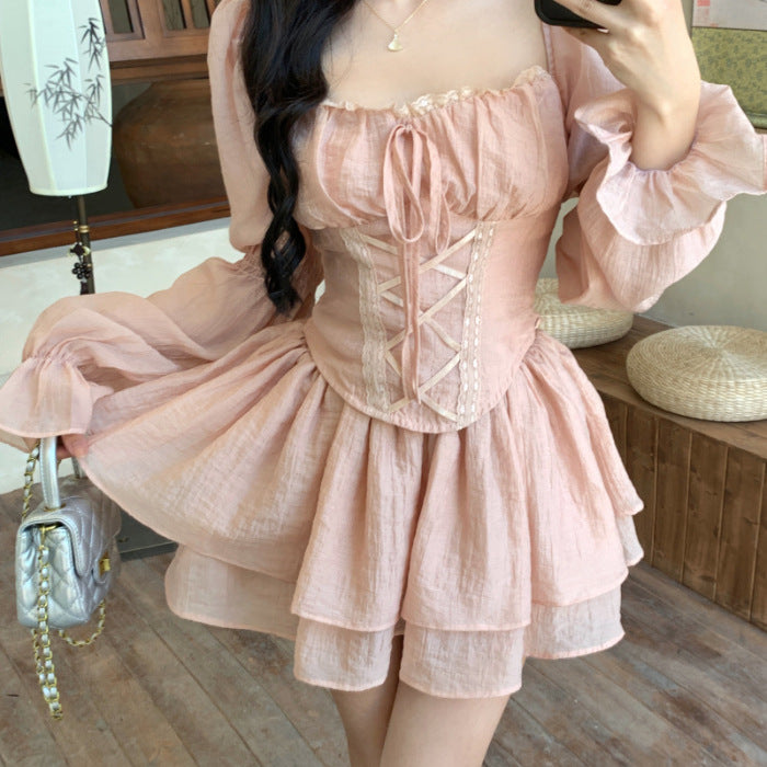 Aiertu prom dresses Lace Puff Sleeve Long Sleeve Square Collar Shirt Top Women's Autumn Chic Sweet Spicy Suit Skirt Two-Piece Set aiertu