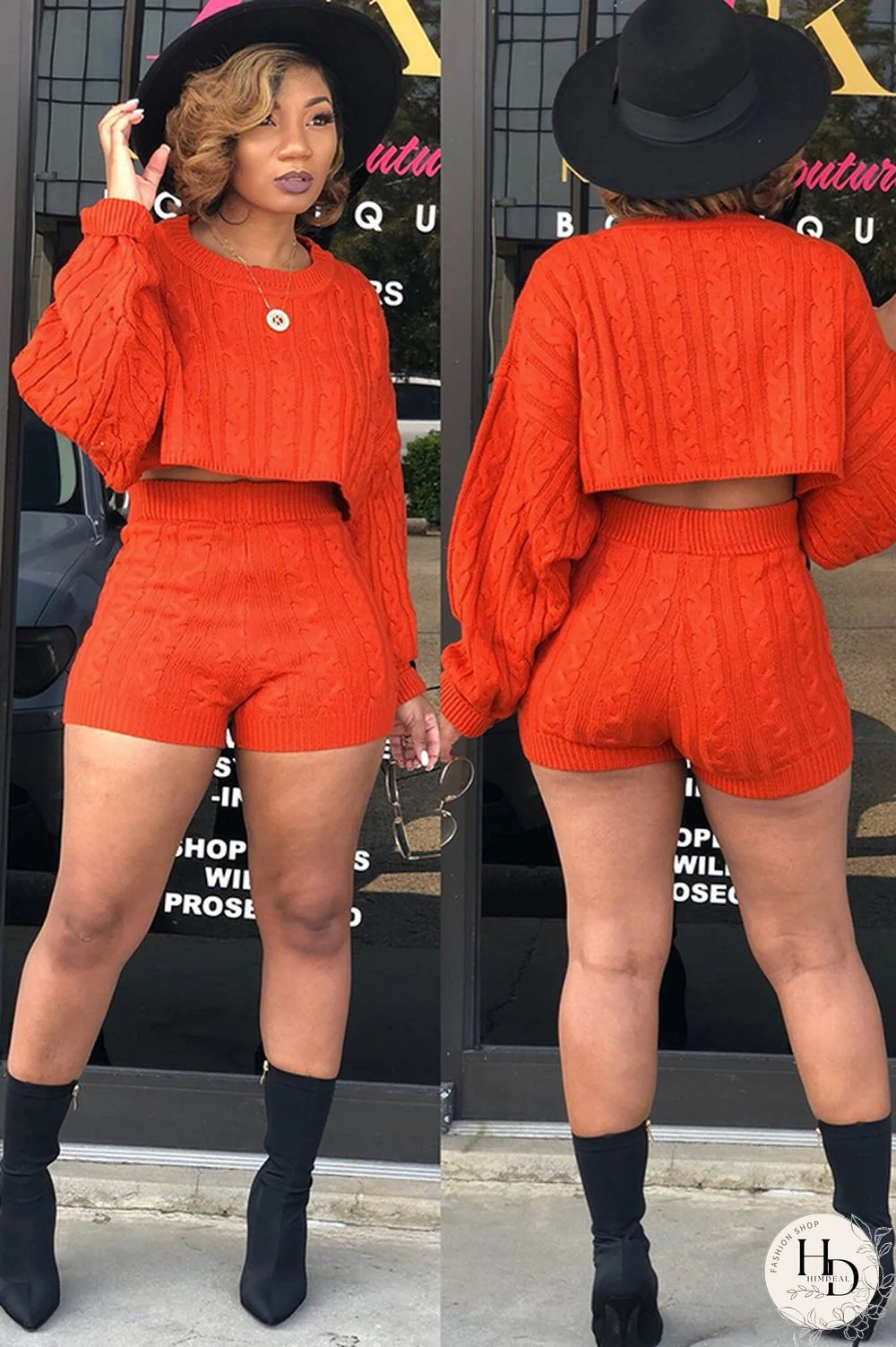 Orange Wool Europe and America Solid Two Piece Suits pencil Long Sleeve Two-Piece Short Set