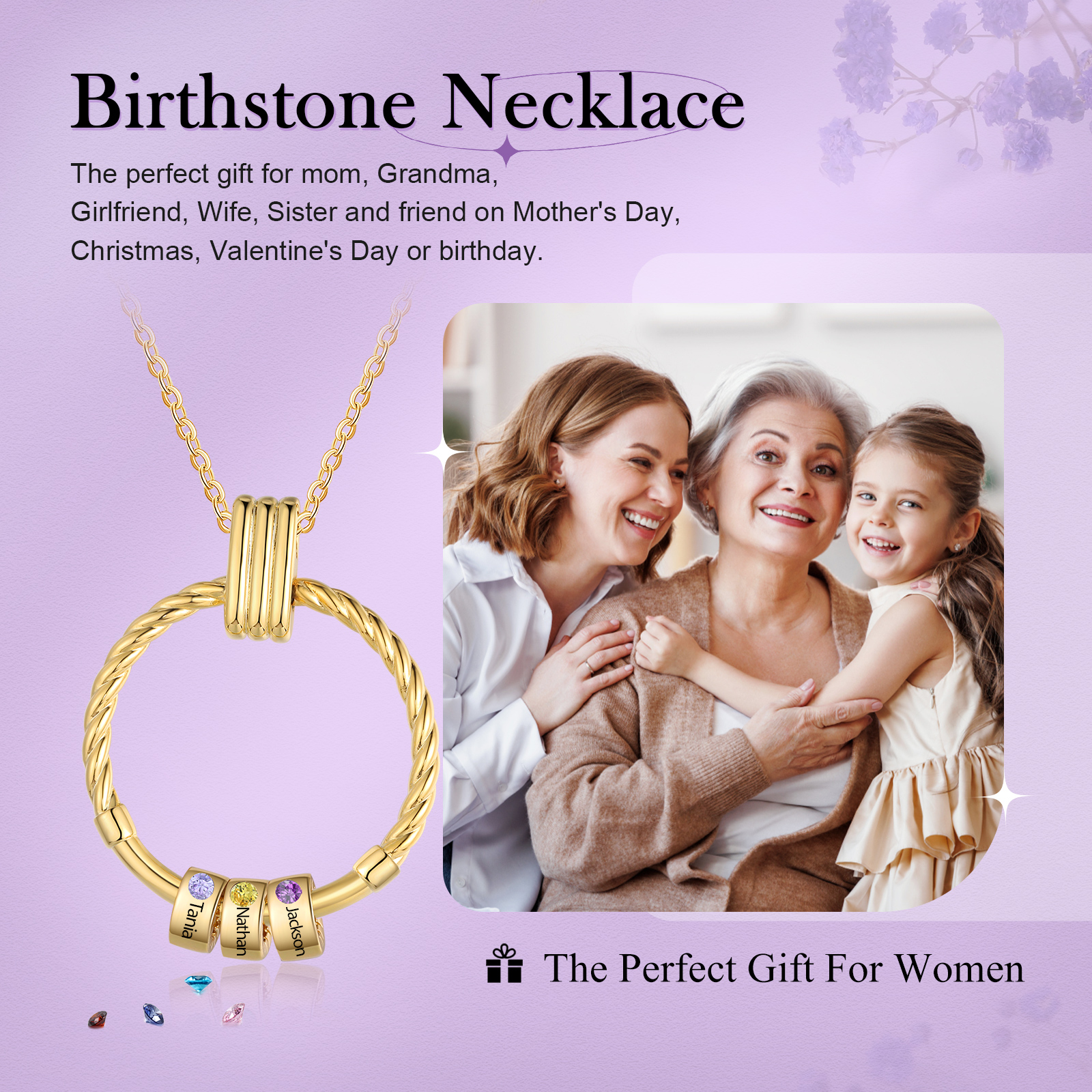 3 Names - Personalised Circle Pendant Necklace Custom Birthstones & Names Necklace Birthday Gift for Her-Jessemade AU