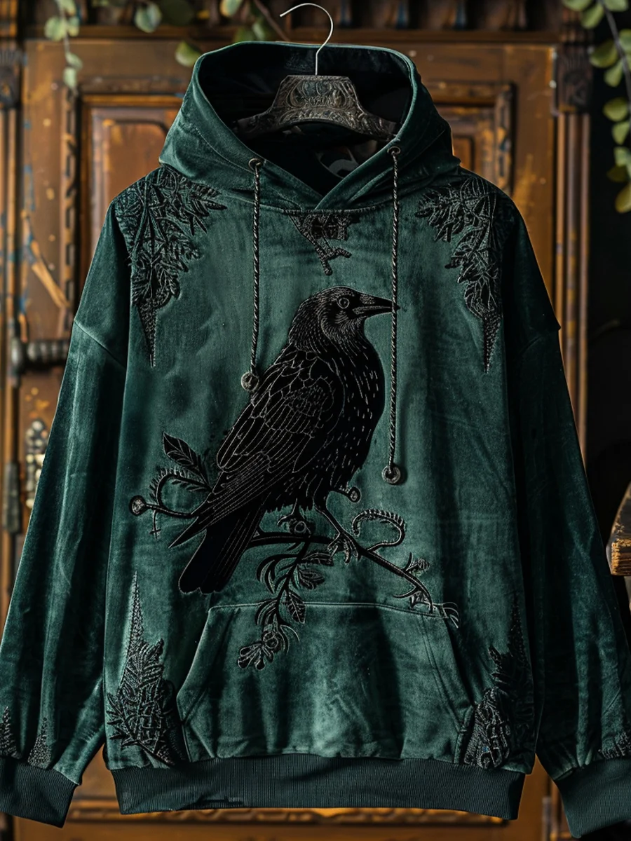 Dark Crow Print Hoodie On Branches