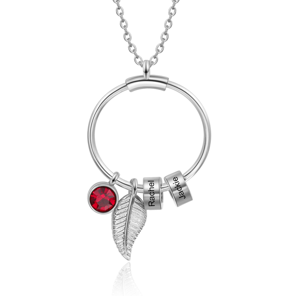 Collana con ciondolo foglia e cerchio 2 nomi e 2 pietre di nascita personalizzati regalo per donna