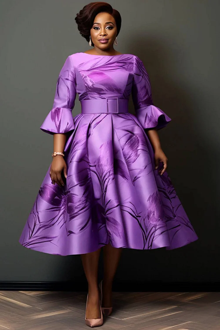 Xpluswear Design Plus Size Mother Of The Bride Pink Graphic Flare 3/4 Sleeve Pocket Satin Midi Dresses 2024 - Xpluswear