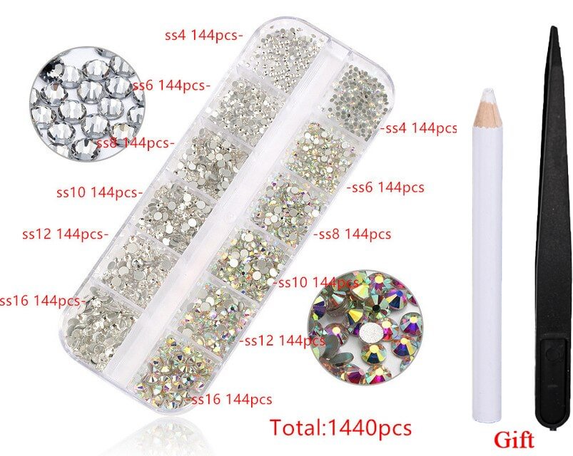 12 Grid 1440pcs Mix Sizes Glass Crystal Non Hot Fix Rhinestone Flatback Crystal 3D glitter Nail Art Rhinestones Decorations
