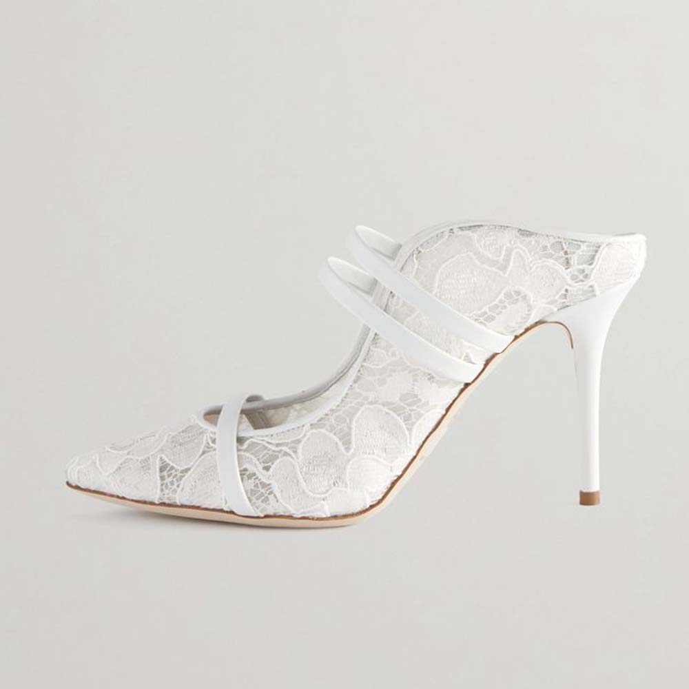 White Lace Pointed Toe 4'' Stiletto Heel Mules with Elegant Strap Nicepairs