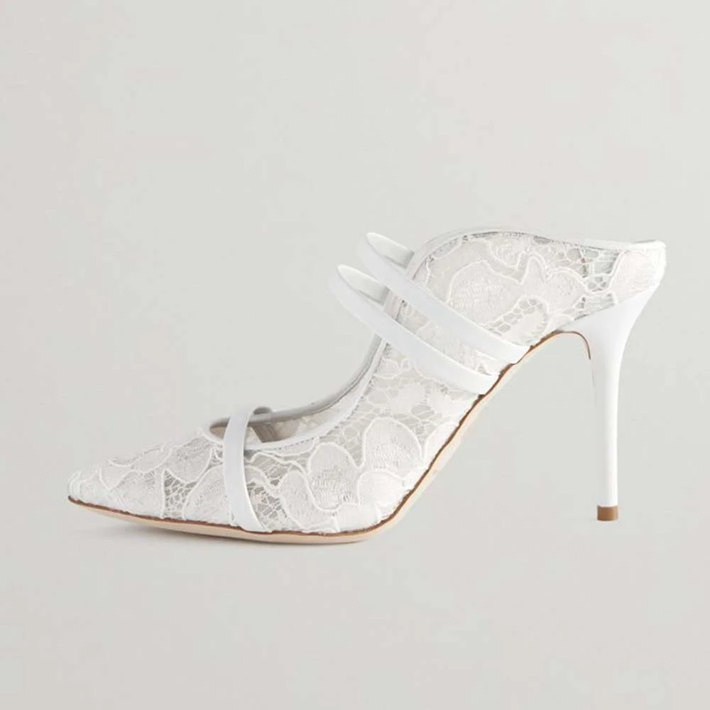 Full White Lace Pointed Toe Mules Elegant Strap Stiletto Heel Pumps Nicepairs